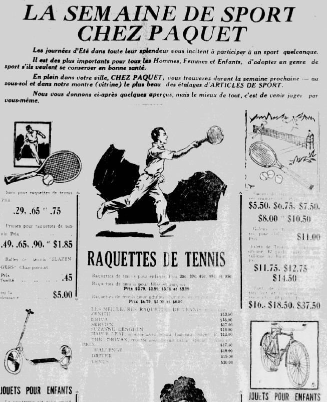 Publicité de matériel de tennis, 1930
